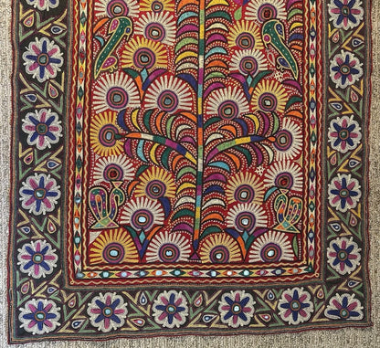 Vintage 1960’s Indian Kutch Chakla Embroidery/Mirror Work Textile Tree of Life Wall Hanging