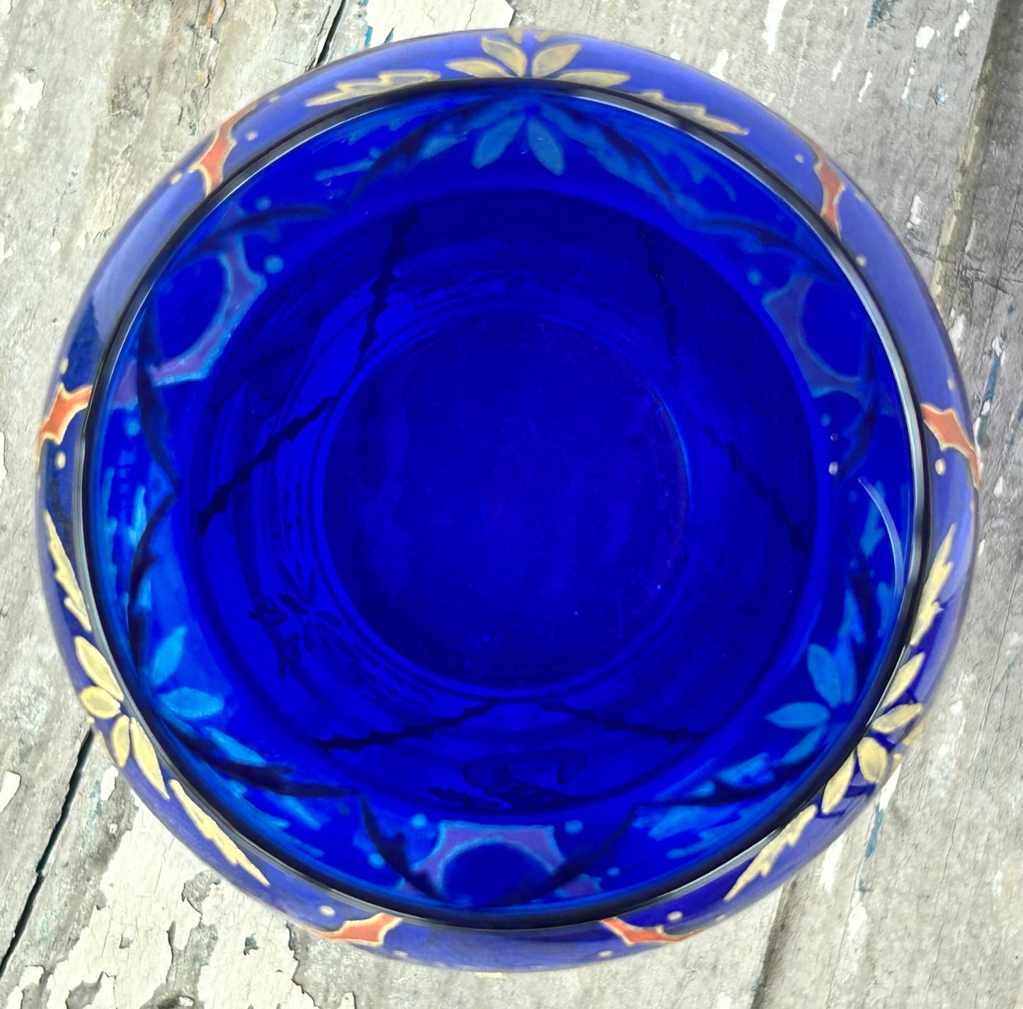 Jaryn/Bruce Orr Art Glass Contemporary Cobalt Blue Gilded Painted Dragon/Foliate Motifs Baluster Vase (1995/1996) (American)