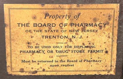 1941-42 American New Jersey Registered Pharmacy Permit in Tin Metal Glass Front Display Frame