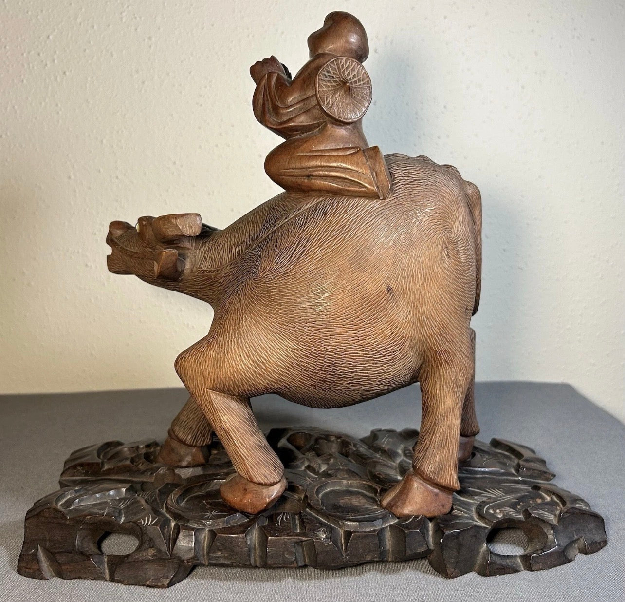 1920’s Chinese Young Herdsboy Riding Water Buffalo on Openwork Base Hand-Carved Rosewood Sculpture