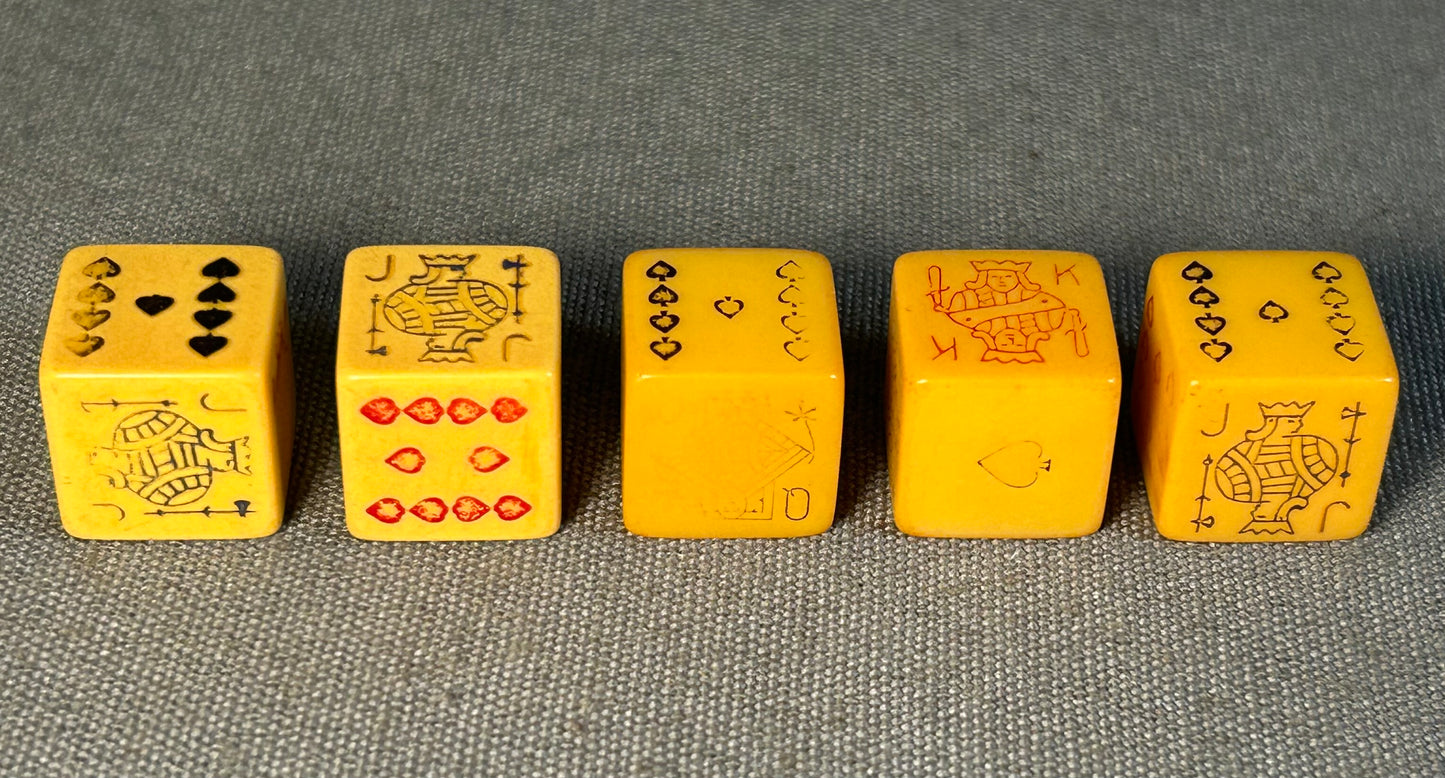 Set of 5 Vintage 1950’s American Crisloid Top Grade Butterscotch Catalin Bakelite Card Dice in Original Box