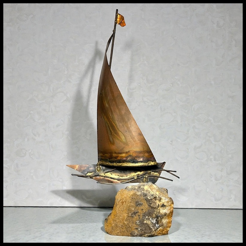 Vintage 1970’s American Brutalist Welded Copper/Brass Metal Sailboat on Stone Base Sculpture by Bijan Bahar
