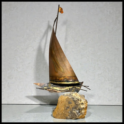 Vintage 1970’s American Brutalist Welded Copper/Brass Metal Sailboat on Stone Base Sculpture by Bijan Bahar