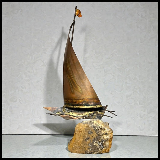 Vintage 1970’s American Brutalist Welded Copper/Brass Metal Sailboat on Stone Base Sculpture by Bijan Bahar