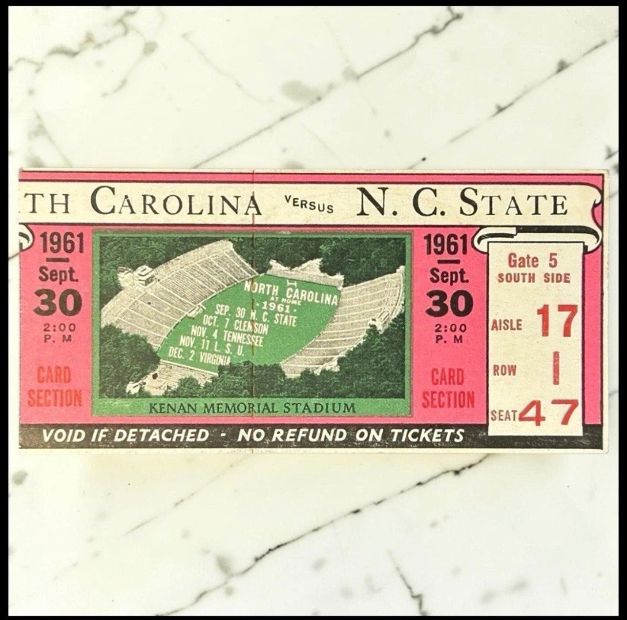 Vintage 1961 North Carolina Tar Heels vs. North Carolina State Wolfpack Football Ticket Stub