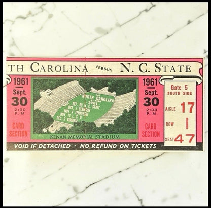 Vintage 1961 North Carolina Tar Heels vs. North Carolina State Wolfpack Football Ticket Stub