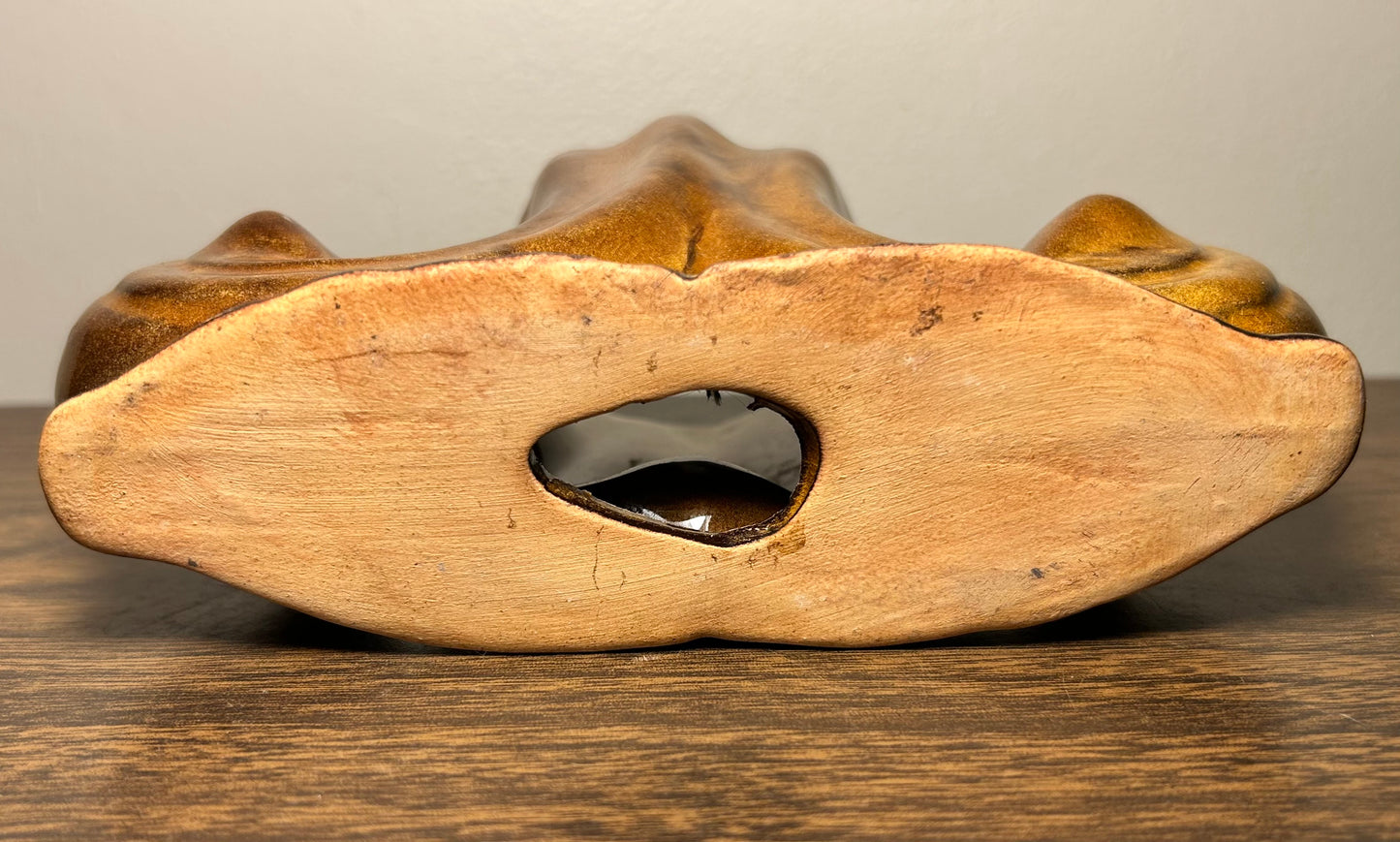 Vintage Circa 1960 American Mid Century Modern Anna Van Briggle Pottery Brown Glazed Console Bowl with Flower Frog