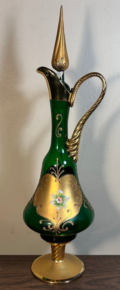 Vintage Mid 20th Century Italian Venetian Murano Tre Fuochi Gilded Emerald Green Glass Hand-Painted Floral Motifs Decanter and 5 Goblets Set