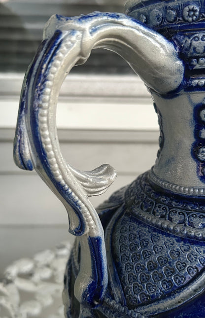 Mid 19th Century German Renaissance Revival Style Westerwald Salt Glazed Stoneware Coat of Arms Motif Satyr Spout Bulbous Footed Ewer