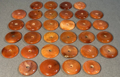 Lot of 32 Carved Polished Natural Red Agate and Carnelian Gemstone Donut Jewelry Pendants
