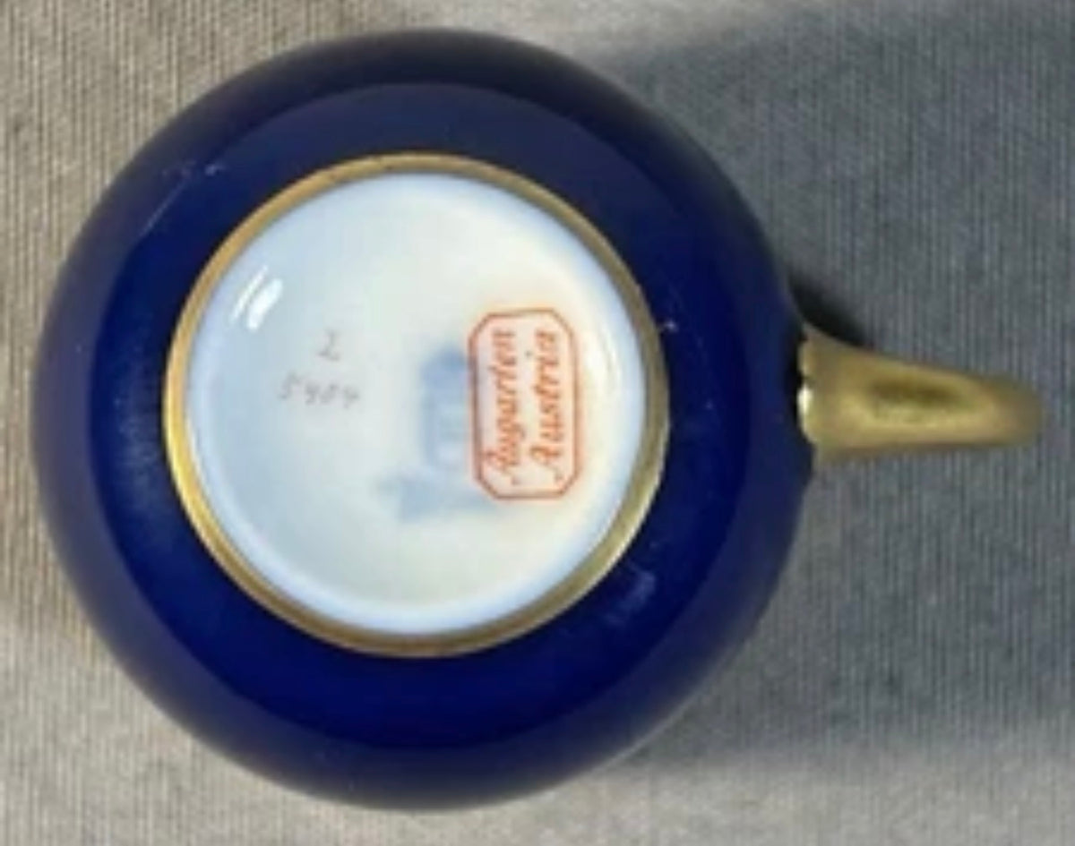 1930’s Austrian Augarten Porcelain Biedermeier Style Gilded Cobalt Blue Scrollwork Motifs Demitasse Cups and Saucer Set