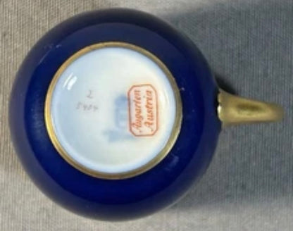 1930’s Austrian Augarten Porcelain Biedermeier Style Gilded Cobalt Blue Scrollwork Motifs Demitasse Cups and Saucer Set