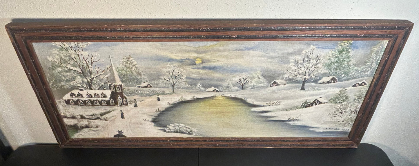 1944 American Folk Art Style Winter Landscape Framed Glitter Embellished Oil Painting by Clarence Killian (Indiana)
