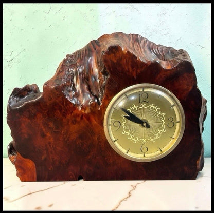 Vintage 1950’s American Mid Century Modern Lanshire Movement Live-Edge Burl Slab Electric Mantel Clock
