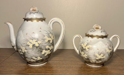 Early 20th Century Japanese Kutani Porcelain Hand-Painted Gilded Chrysanthemum Floral/Mountain Creek Landscape Motifs Teapot and Lidded Sugar Bowl Set (Meiji Period)