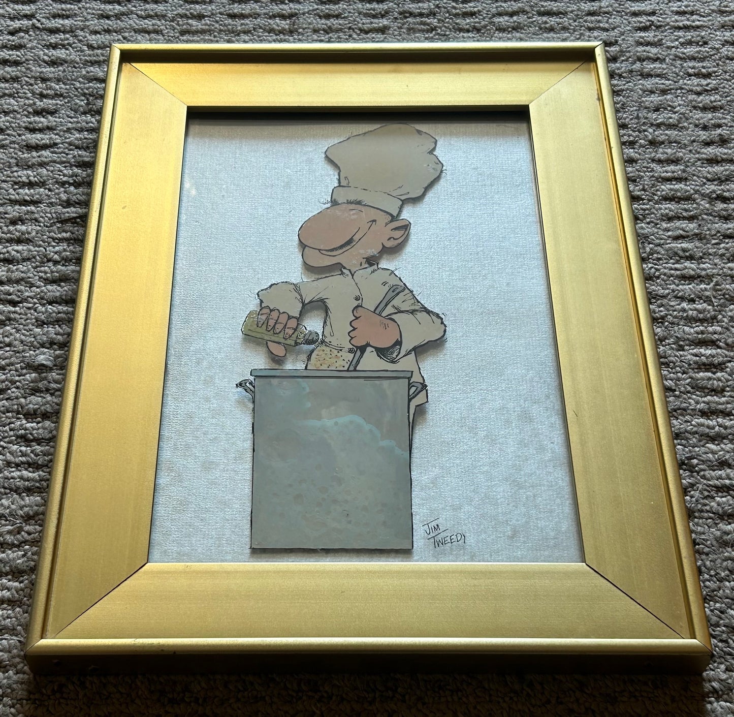 Jim Tweedy - Chef Cooking Cartoon Pop-Art Framed Reverse Glass Painting (20th/21st Century) (Louisiana)
