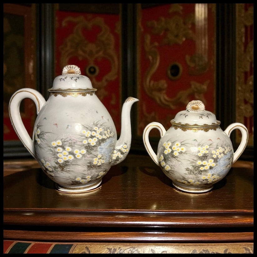 Early 20th Century Japanese Kutani Porcelain Hand-Painted Gilded Chrysanthemum Floral/Mountain Creek Landscape Motifs Teapot and Lidded Sugar Bowl Set (Meiji Period)