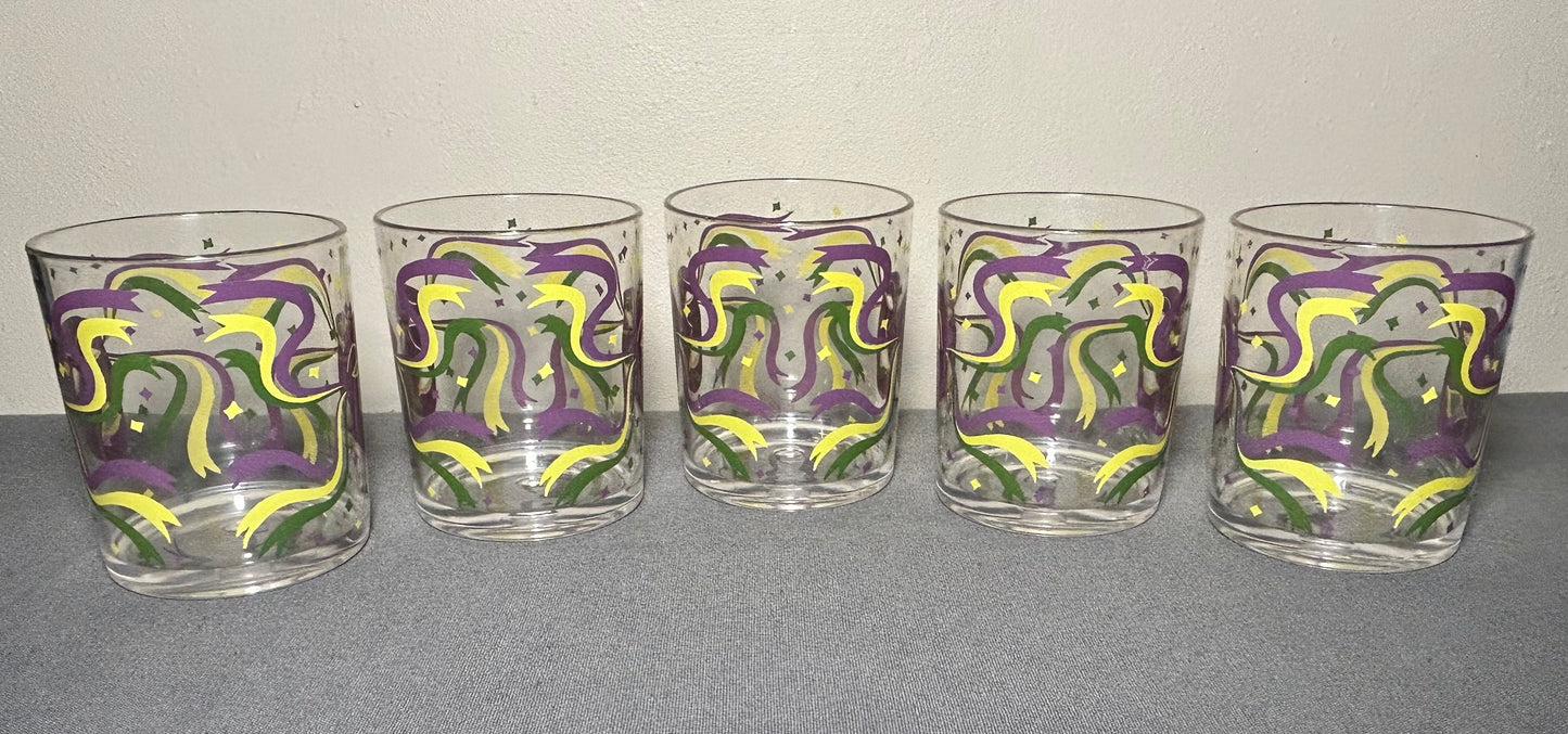 Set of 5 Vintage 1960’s American Cera Mid Century Modern Mardi Gras Mask Motif Plastic Lowball Glasses