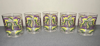 Set of 5 Vintage 1960’s American Cera Mid Century Modern Mardi Gras Mask Motif Plastic Lowball Glasses