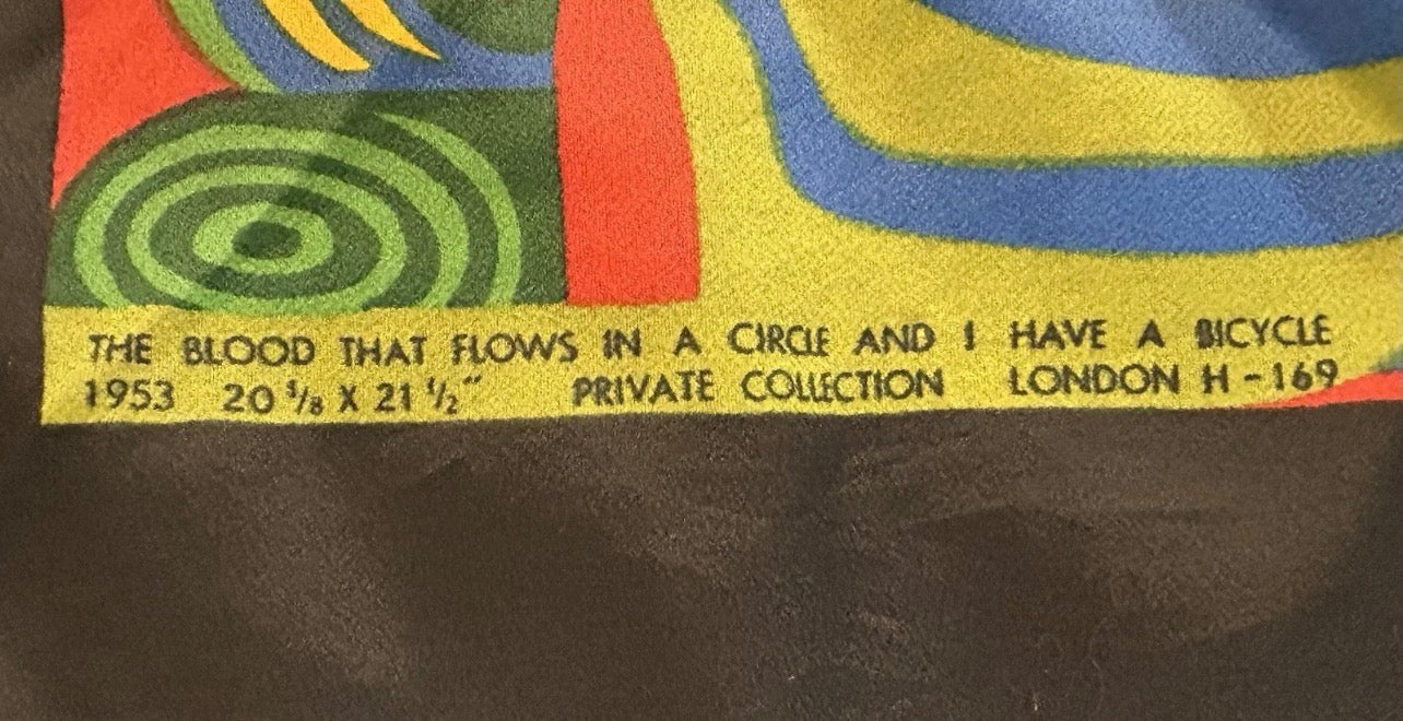 Vintage Circa 1970 Friedensreich Hundterwasser “The Blood Flows in a Circle and I Have a Bicycle” Art Silk Scarf Made by Filmdruck Heberlein & Co. AG (Switzerland)