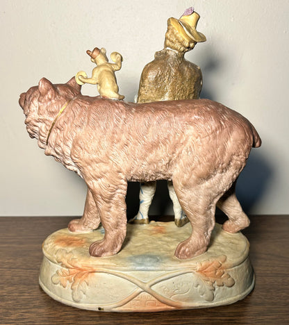 Circa 1930 German Scheibe-Alsbach Kister Bisque Porcelain Man with Bagpipes/Monkey with Cymbals Atop Grizzly Bear Figural Group
