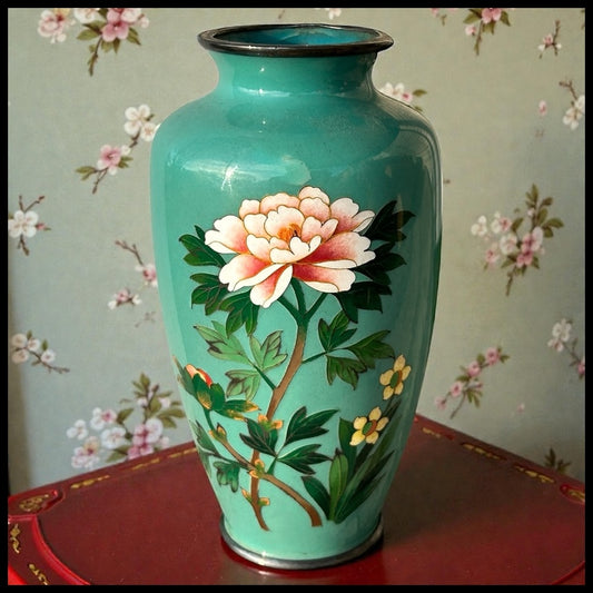 Vintage 1950’s Japanese Inaba Cloisonne Company Turquoise Silver Trim Floral Motif Baluster Vase with the Original Paperwork (Showa Era)
