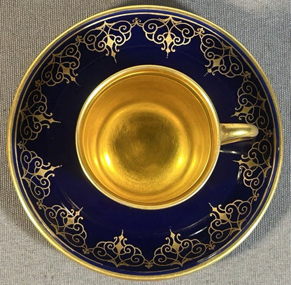 1930’s Austrian Augarten Porcelain Biedermeier Style Gilded Cobalt Blue Scrollwork Motifs Demitasse Cups and Saucer Set