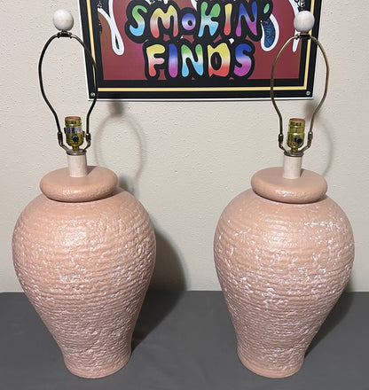 Pair of Vintage 1980’s American Postmodern Pastel Pink Banded Textured Ceramic Base Table Lamps with Thai Banana Paper Shades