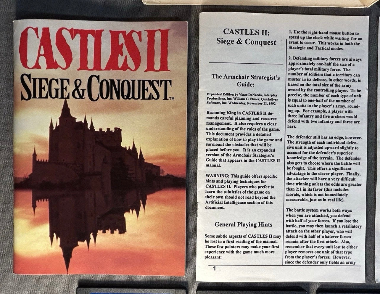 Vintage 1992 Castles II: Siege & Conquest PC Game Complete in Box with 5 Floppy Disks, Instruction Manual, Task Chart, MS-DOS Reference Card, and InterPlay Guide