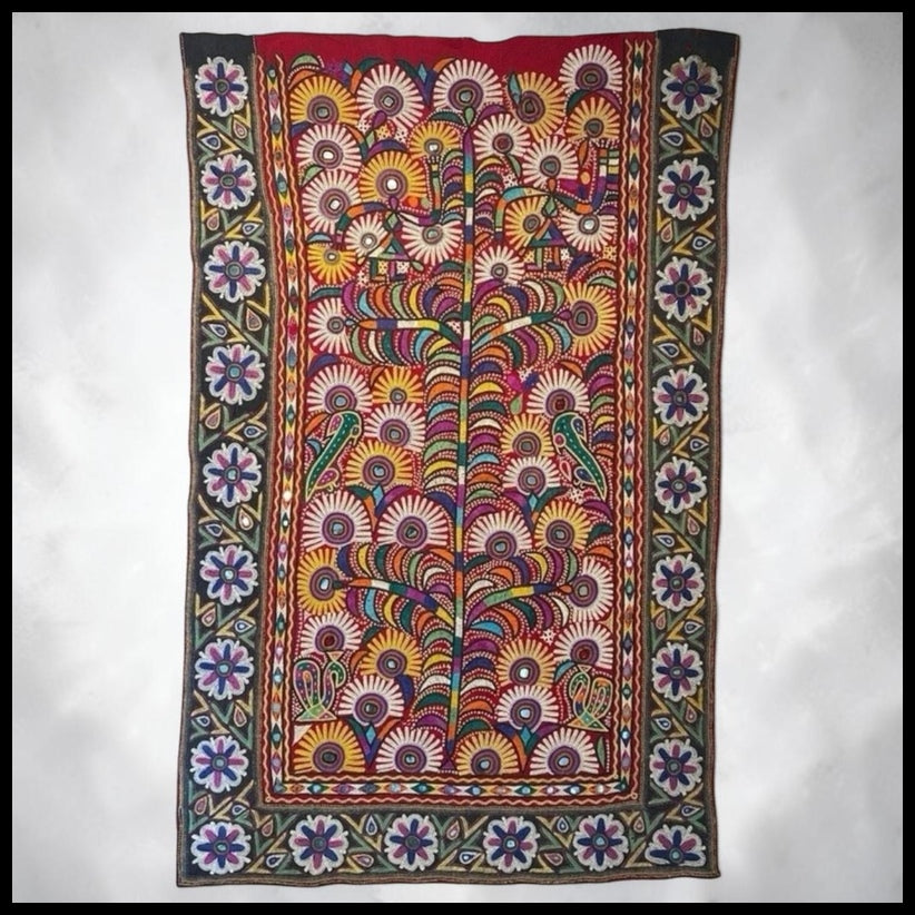Vintage 1960’s Indian Kutch Chakla Embroidery/Mirror Work Textile Tree of Life Wall Hanging
