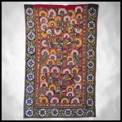 Vintage 1960’s Indian Kutch Chakla Embroidery/Mirror Work Textile Tree of Life Wall Hanging
