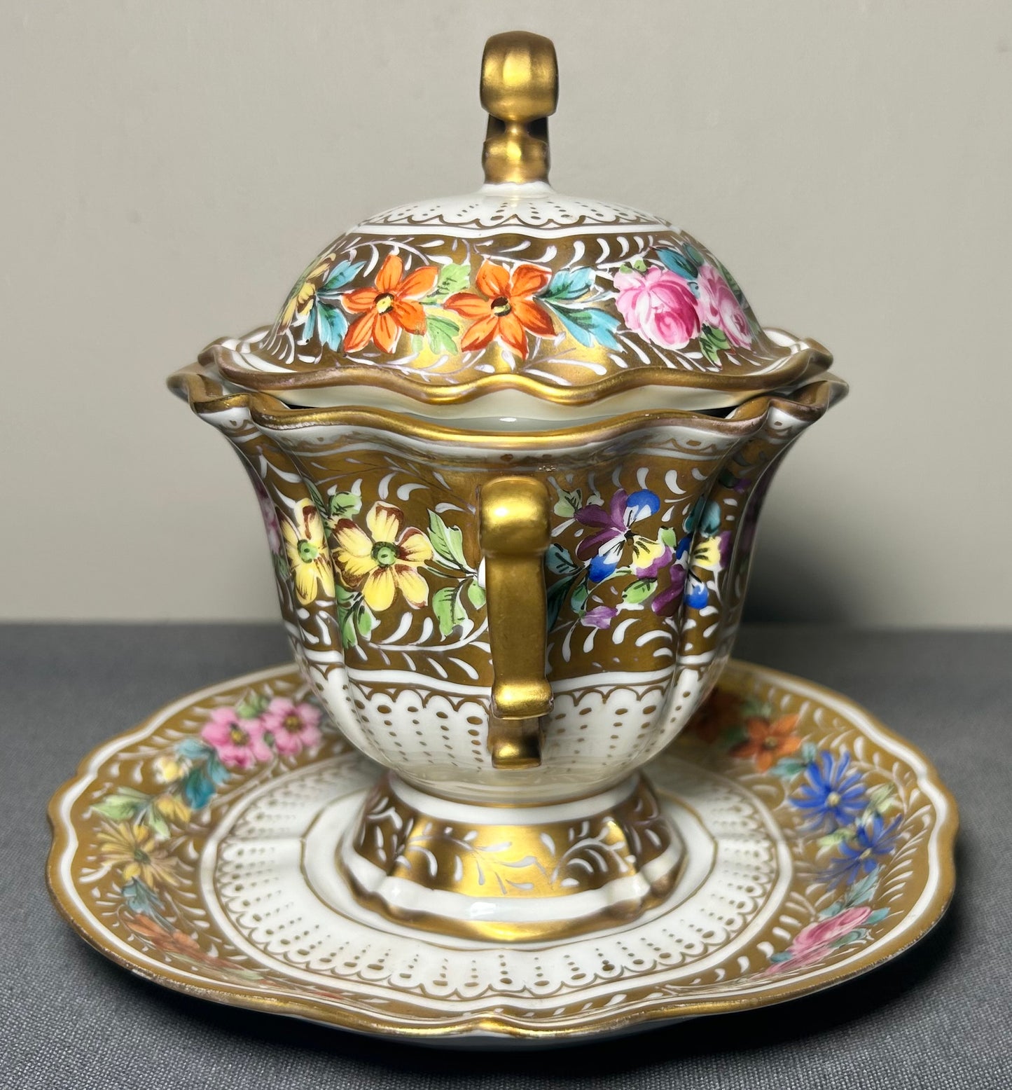 1930’s French Halga Limoges Napoleon III Style Porcelain Hand-Painted Gilded Floral Motifs Footed Chocolate Pot with Underplate