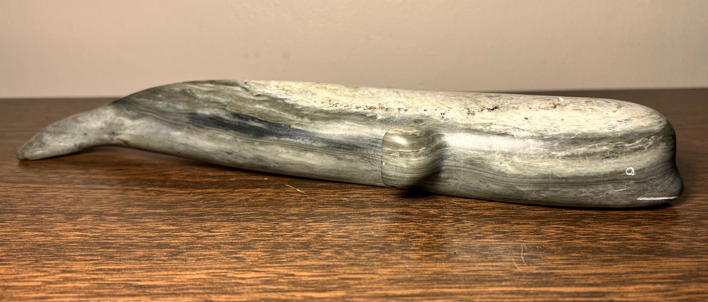 Vintage Canadian Inuit Argillite Stone Whale Carving by Mina Iqaluq (20th Century)