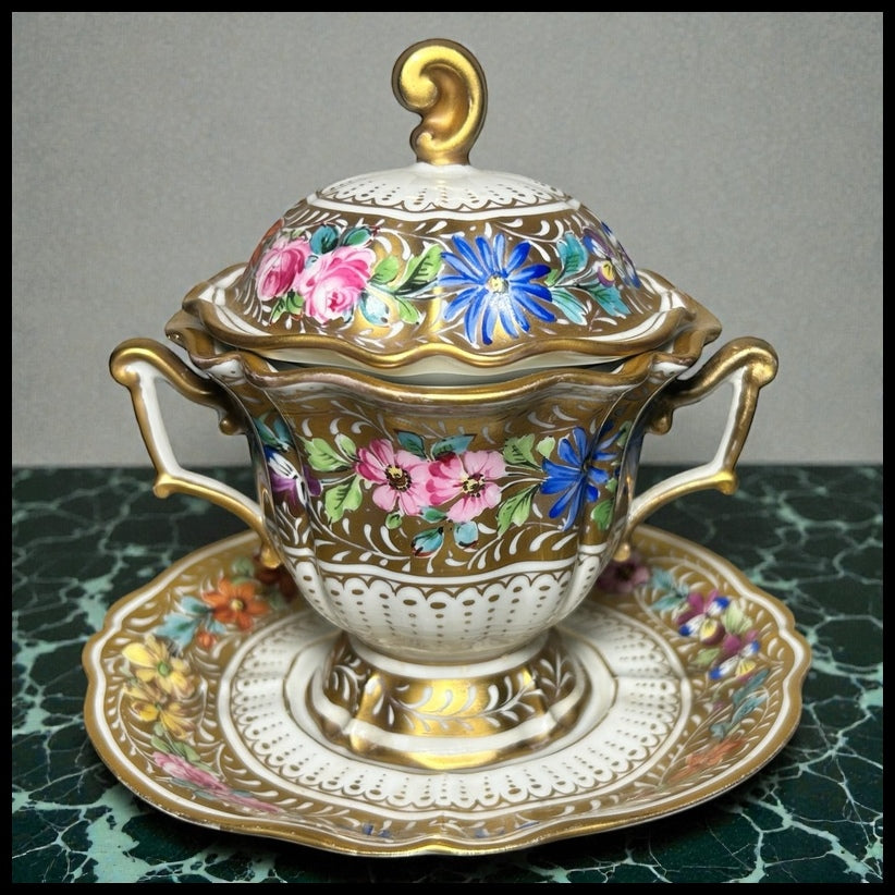 1930’s French Halga Limoges Napoleon III Style Porcelain Hand-Painted Gilded Floral Motifs Footed Chocolate Pot with Underplate
