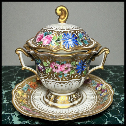 1930’s French Halga Limoges Napoleon III Style Porcelain Hand-Painted Gilded Floral Motifs Footed Chocolate Pot with Underplate