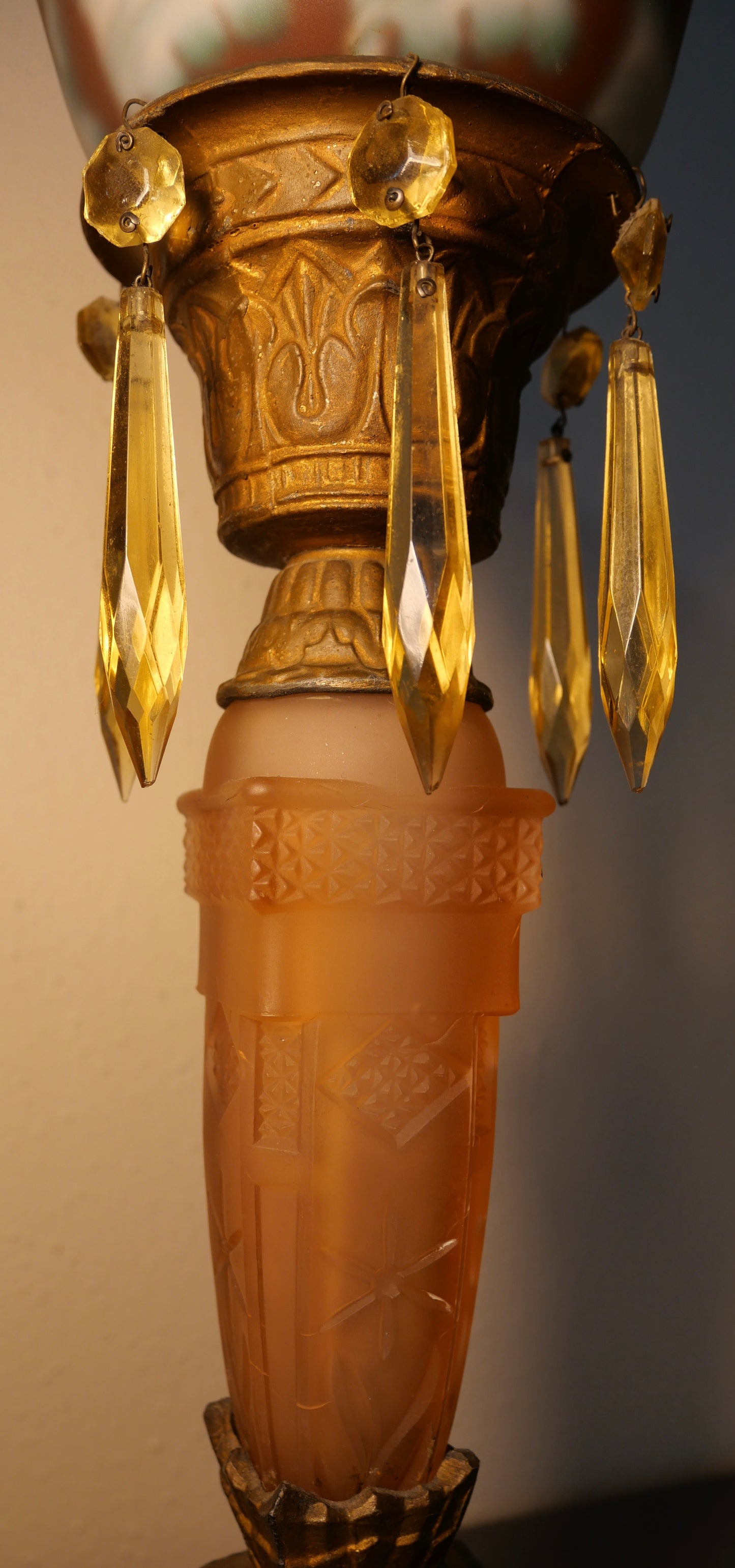 Circa 1920 American Art Deco Gilded Metal Lion's Paw Foot/Pink Frosted Glass Base Torchiere Table Lamp with Reverse Painted Frosted Glass Shade and Topaz Glass Hanging Prisms