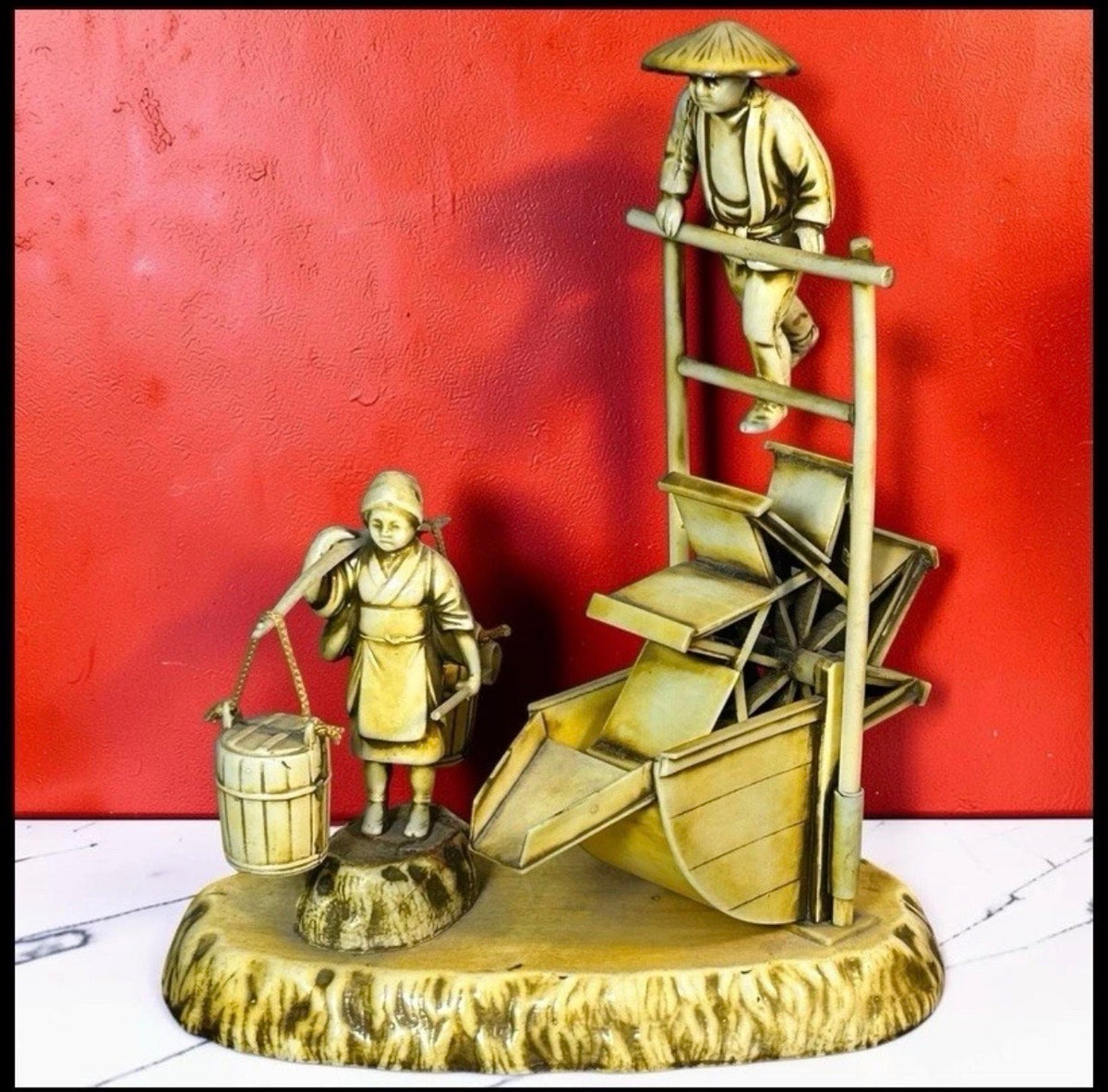 Vintage Circa 1950 Japanese Celluloid Agricultural Water Wheel Diorama Scene Figurine (Showa Period)