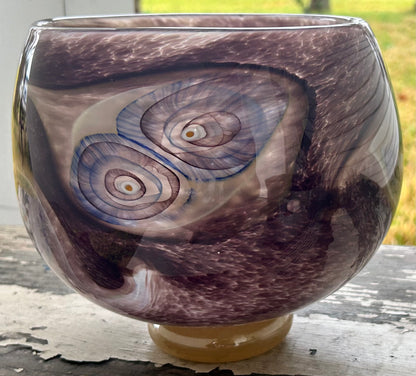 2002 Michael Rozell Art Glass Contemporary Style Fossil Line Footed Bowl (American)