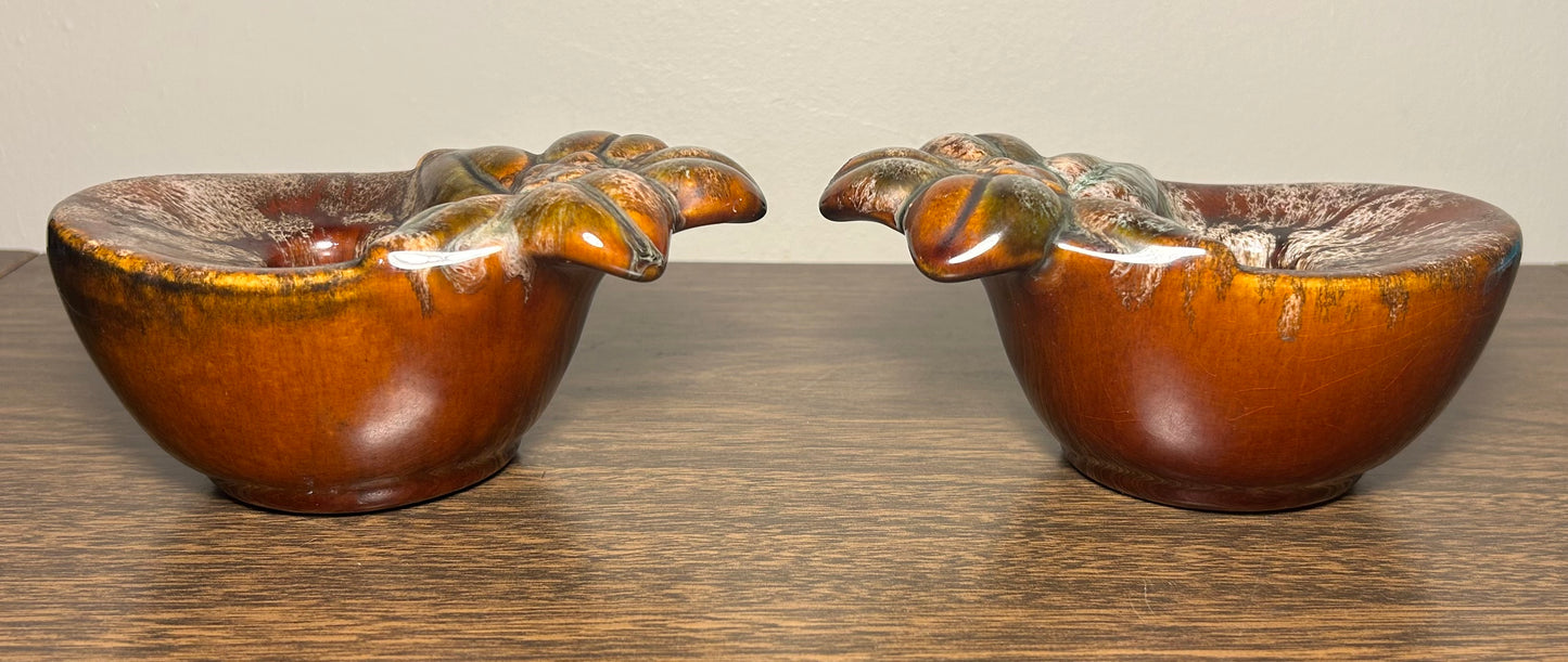 Pair of Vintage 1960’s American Mid Century Modern Brown Ceramic Drip Glaze Flower Bowl Form Votive Candle Holders