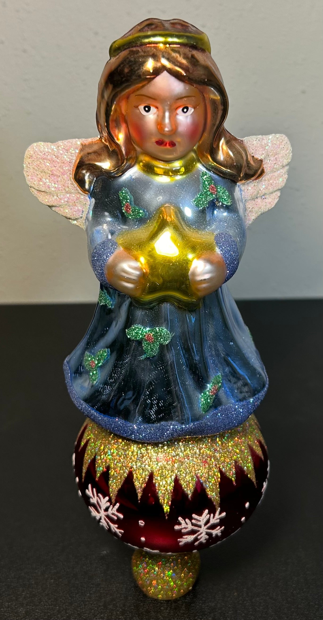 Vintage Circa 1970’s Italian-Style Hand-Painted Angel Mercury Glass Christmas Tree Topper Finial