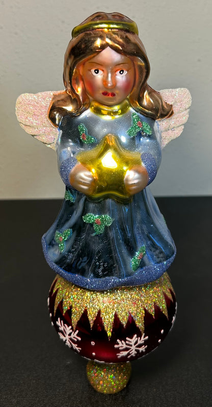 Vintage Circa 1970’s Italian-Style Hand-Painted Angel Mercury Glass Christmas Tree Topper Finial