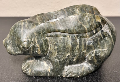 Vintage Mid 20th Century Chinese Recumbent Rabbit Spinach Green Soapstone Carving Figure