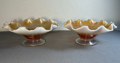 Pair of Circa 1915-1925 American Fenton Marigold/Opalescent Carnival Glass Lustre Rose Pattern Footed Compotes