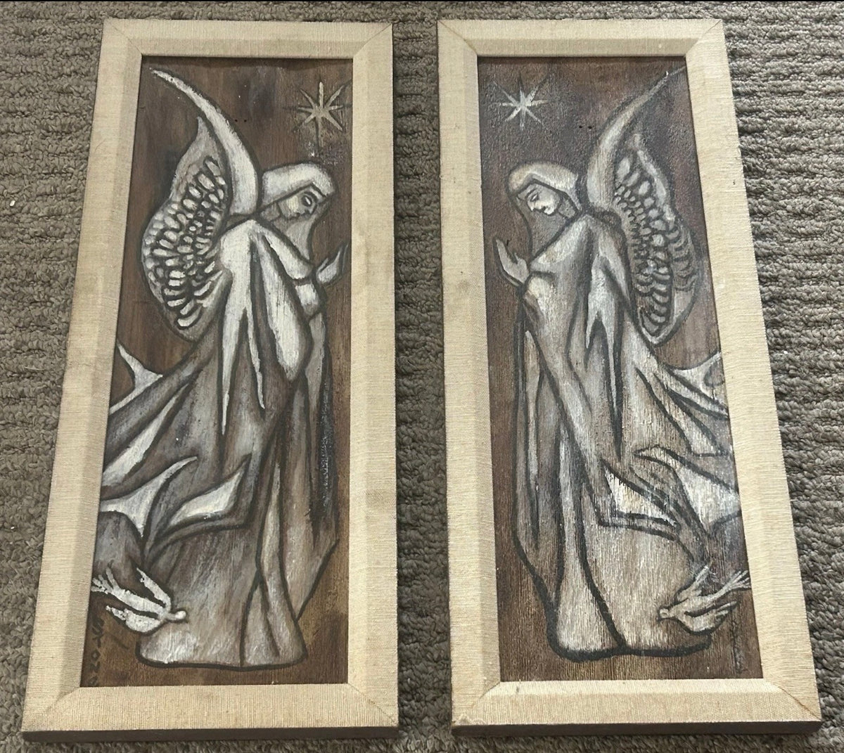 Pair of Vintage 1960’s American Mid Century Modern Angel Acrylic Paint/Pencil Mixed Media Framed Art on Wood Panels Signed Stone