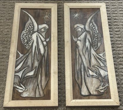 Pair of Vintage 1960’s American Mid Century Modern Angel Acrylic Paint/Pencil Mixed Media Framed Art on Wood Panels Signed Stone