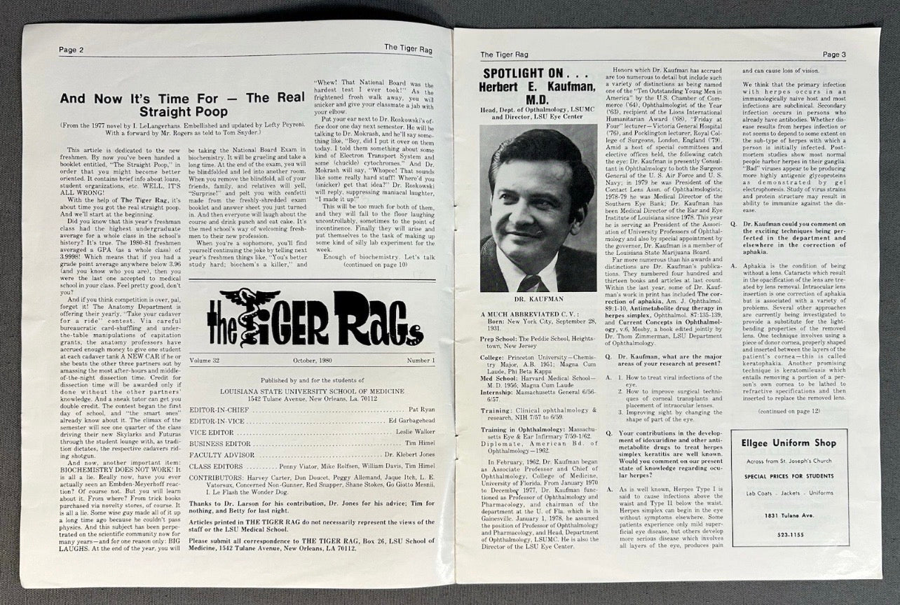 Vintage Louisiana State University School of Medicine The Tiger Rag Satirical Magazine (October 1980)