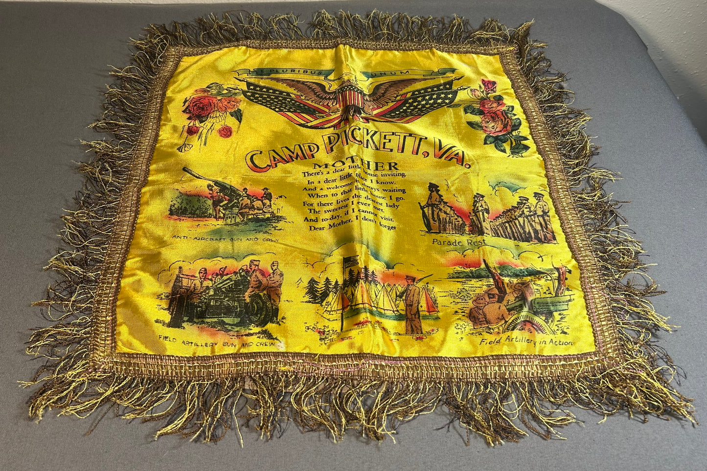 1940’s American World War II Camp Pickett, Virginia Mother Poem Sweetheart Silk Textile