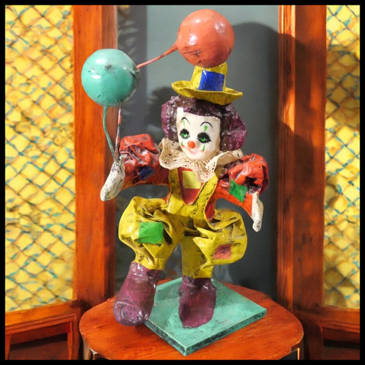 Vintage 1970's Mexican Papier Mache Clown with Balloons Sculpture