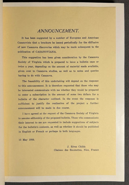 Vintage 1956 “Casanoviana: An Annotated World Bibliography of Jacques Casanova de Seingalt and of Works Concerning Him” Limited Edition Softcover Book (#480/500)