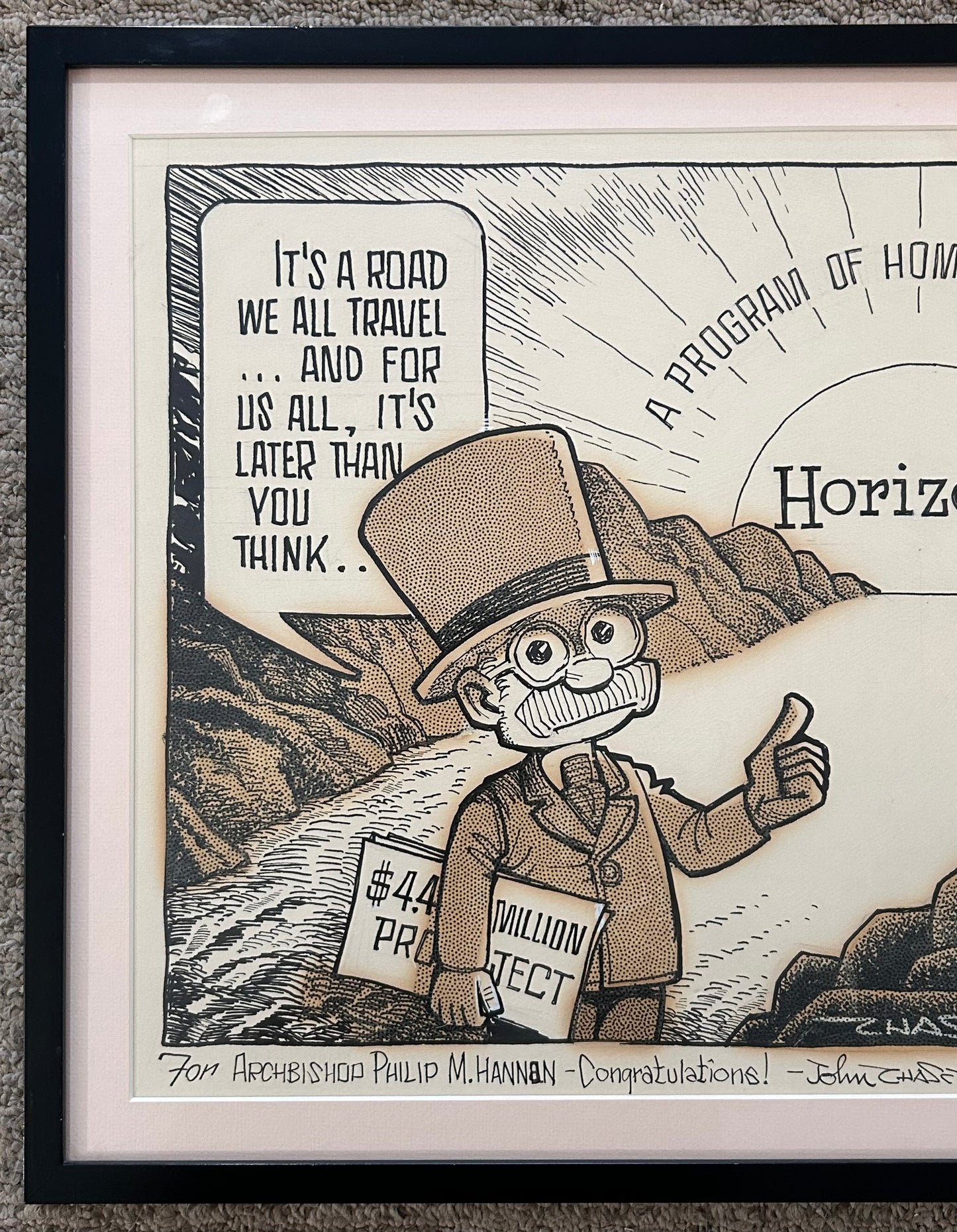 Vintage 1973 John Churchill Chase New Orleans Framed Signed Original Cartoon Art for Catholic Horizons “A Program for the Aged” Gifted to Archbishop Philip M. Hannan from the Clarion Herald and WDSU-TV